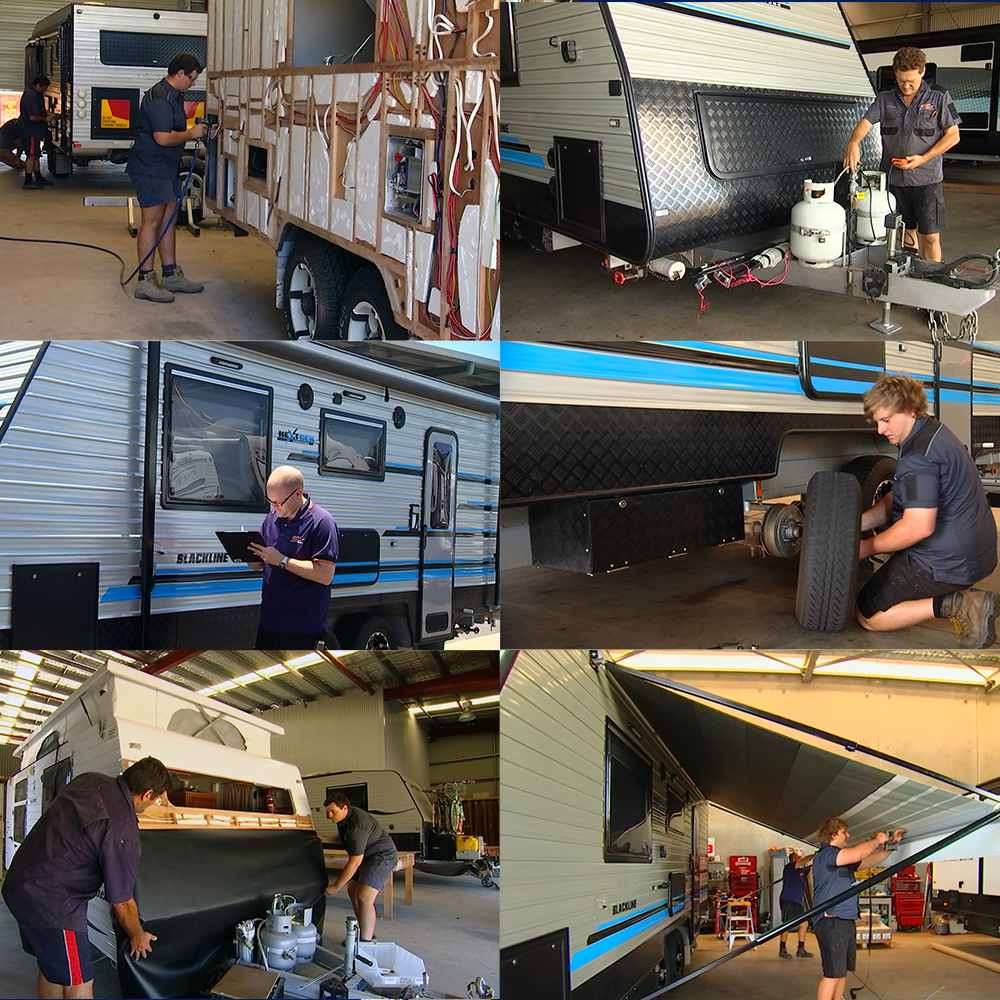 Collage of Takalvans Bundaberg employees working on Caravans for their customers